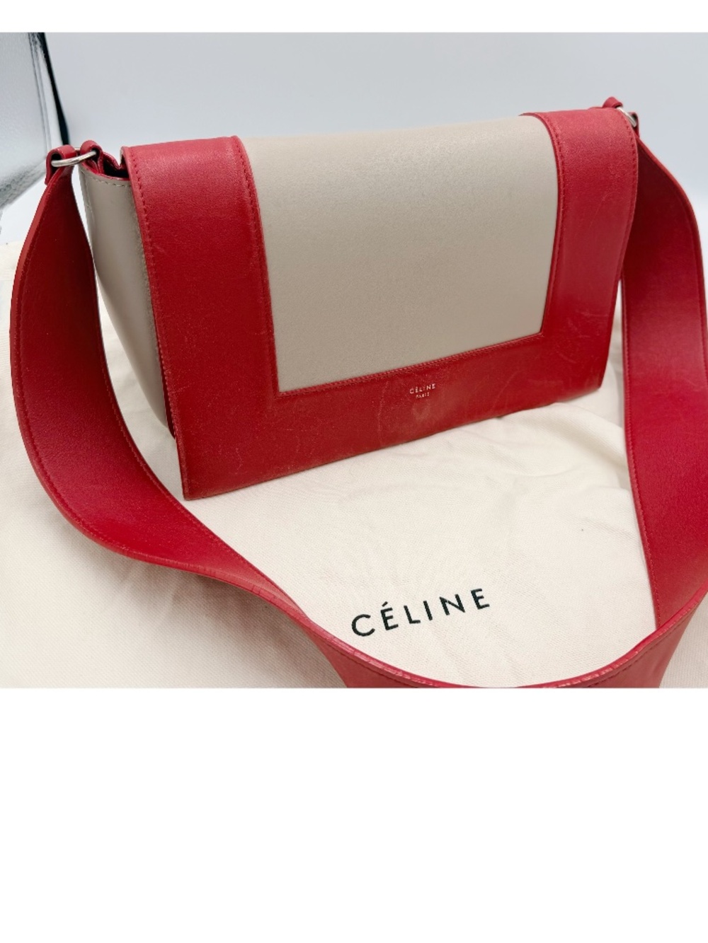 Authentic Celine Frame Medium Bag Red Grey Leather Phoebe Philo Era